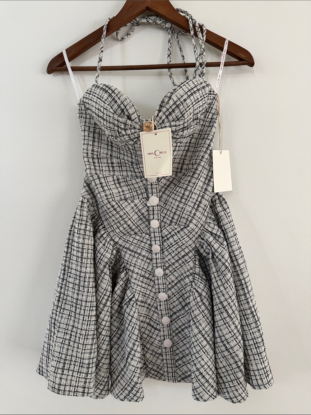 Black & White Plaid Sweetheart Mini Dress with Button Front